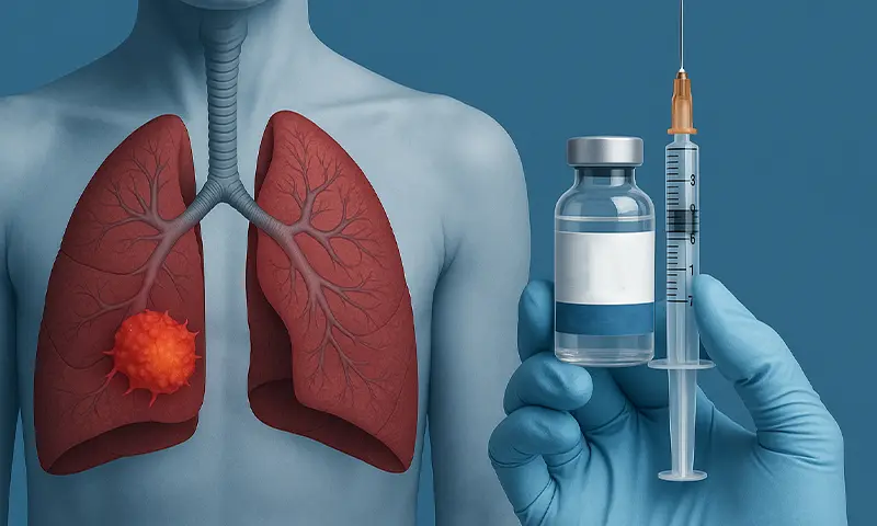Illustration of lungs with tumor and a syringe with vaccine vial for treatment