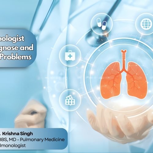 Pulmonologist Dr. Krishna Singh explaining lung health and breathing problems with digital lung illustration background in Bhopal.