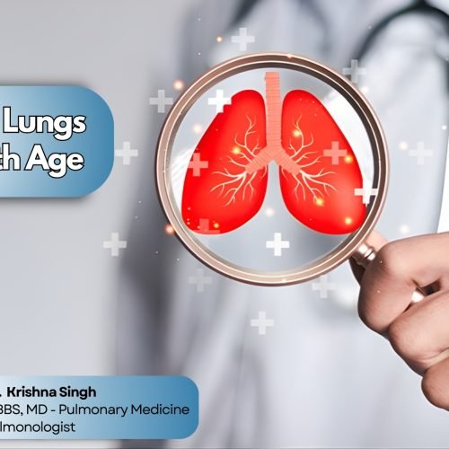 Doctor holding magnifying glass showing healthy lungs illustration for lung care and pulmonology services in Bhopal.